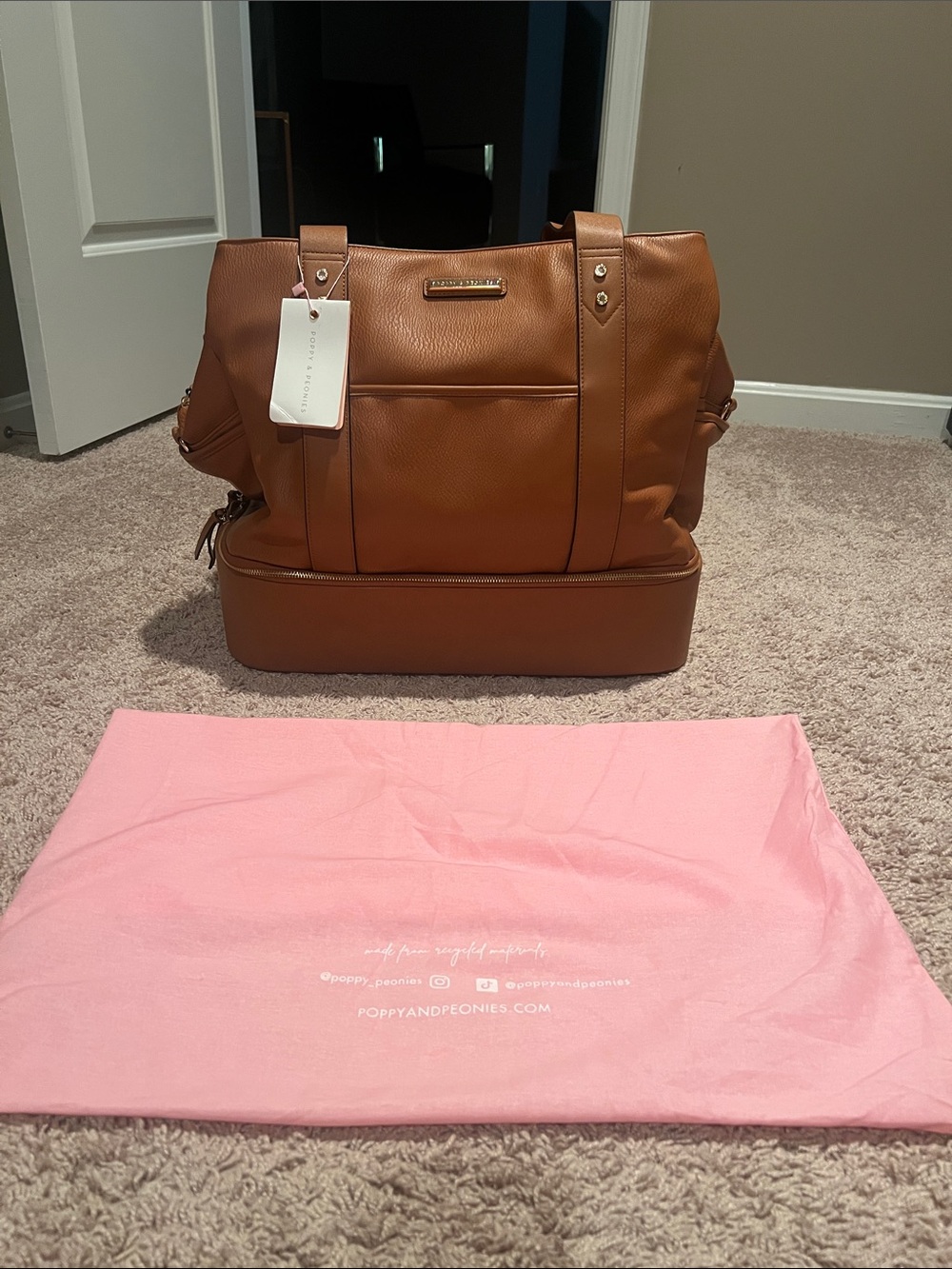 Poppy & Peonies Cognac Leather Tote with Bottom Compartment - Weekender Bg